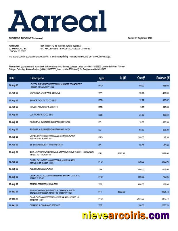 Aareal Bank firm account statement